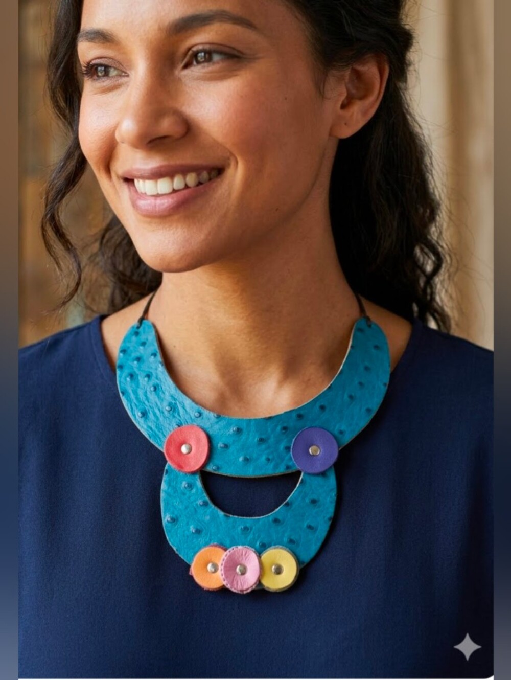 Handmade Genuine Leather Circles Bib Statement Necklace Multicolor B
